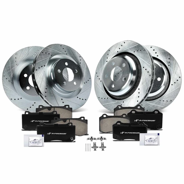 2012-2014 Chrysler 300 Drilled & Slotted Disc Brake Rotors and Ceramic Pads Kit, 12 Pcs, Front & Rear, A-Premium, APBRPS1042