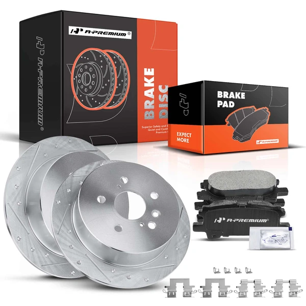 2004-2006 Lexus RX330 Drilled & Slotted Disc Brake Rotors and Ceramic Pads Kit, 6 Pcs, Rear Driver & Passenger, A-Premium, APBRPS306