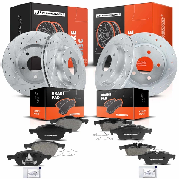 2005-2013 Mazda 3 Drilled & Slotted Disc Brake Rotors and Ceramic Pads Kit, 12 Pcs, Front & Rear, A-Premium, APBRPS246