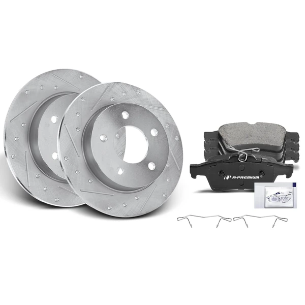 Drilled & Slotted Disc Brake Rotors and Ceramic Pads Kit, 6 Pcs, Rear Driver & Passenger, A-Premium, APBRPS308