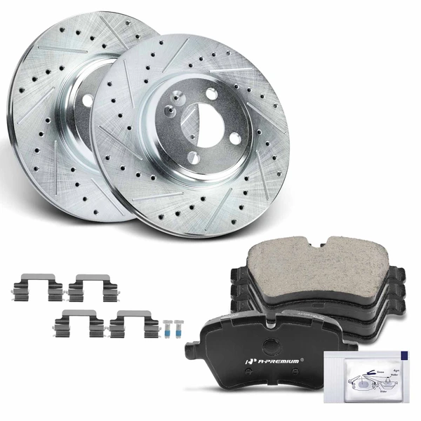 2007-2015 Mini Cooper Drilled & Slotted Disc Brake Rotors and Ceramic Pads Kit, 6 Pcs, Front Driver & Passenger, A-Premium, APBRPS1003