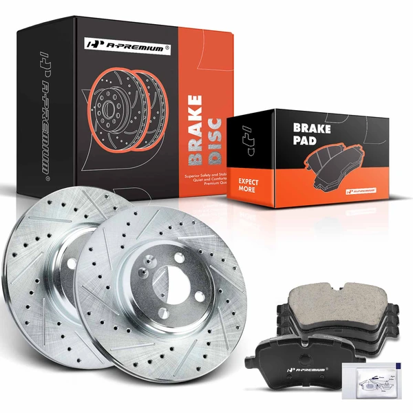 Drilled & Slotted Disc Brake Rotors and Ceramic Pads Kit, 6 Pcs, Front Driver & Passenger, A-Premium, APBRPS1003