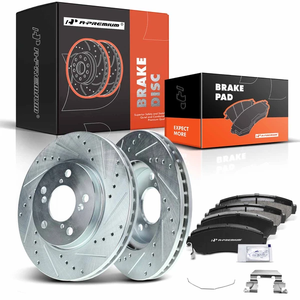 2005-2010 Honda Odyssey Drilled & Slotted Disc Brake Rotors and Ceramic Pads Kit, 6 Pcs, Front Driver & Passenger, A-Premium, APBRPS049