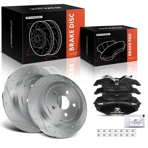 1995-2005 Dodge Neon Drilled & Slotted Disc Brake Rotors and Ceramic Pads Kit, 6 Pcs, Rear Driver & Passenger, A-Premium, APBRPS651