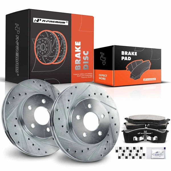 1996-2000 Plymouth Grand Voyager Drilled & Slotted Disc Brake Rotors and Ceramic Pads Kit, 6 Pcs, Front Driver & Passenger, A-Premium, APBRPS652