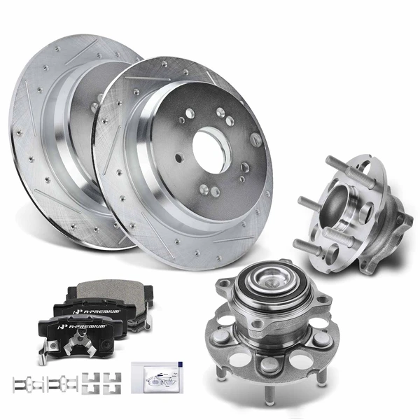 2007-2011 Honda CR-V Drilled & Slotted Disc Brake Rotors and Ceramic Pads Kit with Calipers, 8 Pcs, Rear Driver & Passenger, A-Premium, APBRPS591