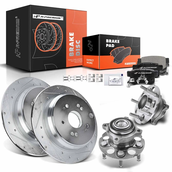 Drilled & Slotted Disc Brake Rotors and Ceramic Pads Kit with Calipers, 8 Pcs, Rear Driver & Passenger, A-Premium, APBRPS591