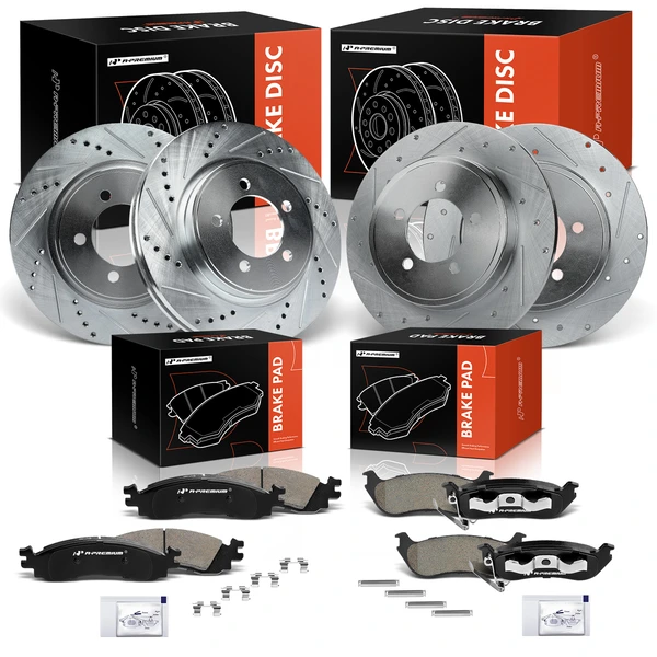 Drilled & Slotted Disc Brake Rotors and Ceramic Pads Kit, 12 Pcs, Front & Rear, A-Premium, APBRPS439