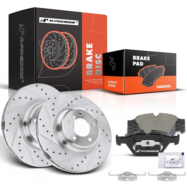2009-2011 BMW 335d Drilled & Slotted Disc Brake Rotors and Ceramic Pads Kit, 6 Pcs, Front Driver & Passenger, A-Premium, APBRPS247