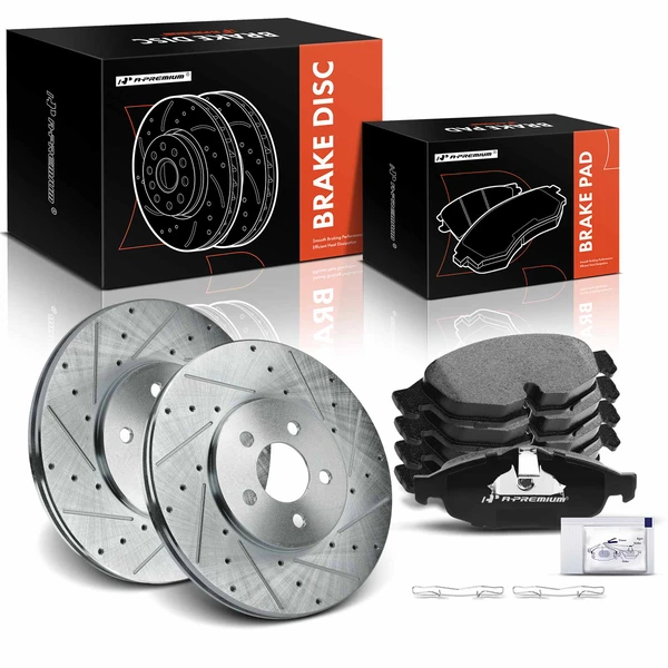 2001-2006 Chrysler Sebring Drilled & Slotted Disc Brake Rotors and Ceramic Pads Kit, 6 Pcs, Front Driver & Passenger, A-Premium, APBRPS653