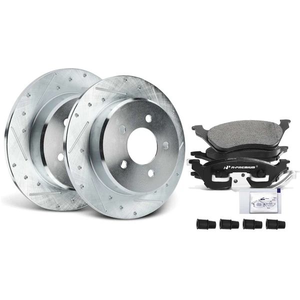 Drilled & Slotted Disc Brake Rotors and Ceramic Pads Kit, 6 Pcs, Rear Driver & Passenger, A-Premium, APBRPS656