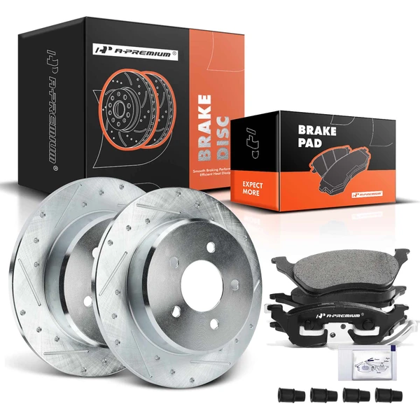 2001-2007 Dodge Grand Caravan Drilled & Slotted Disc Brake Rotors and Ceramic Pads Kit, 6 Pcs, Rear Driver & Passenger, A-Premium, APBRPS656