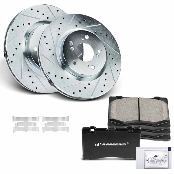 2005-2012 Acura RL Drilled & Slotted Disc Brake Rotors and Ceramic Pads Kit, 6 Pcs, Front Driver & Passenger, A-Premium, APBRPS808