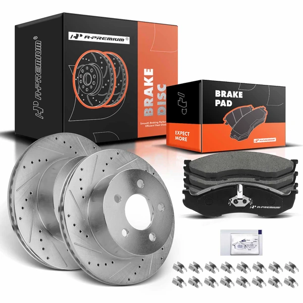 1999-2006 Jeep Wrangler Drilled & Slotted Disc Brake Rotors and Ceramic Pads Kit, 6 Pcs, Front Driver & Passenger, A-Premium, APBRPS310