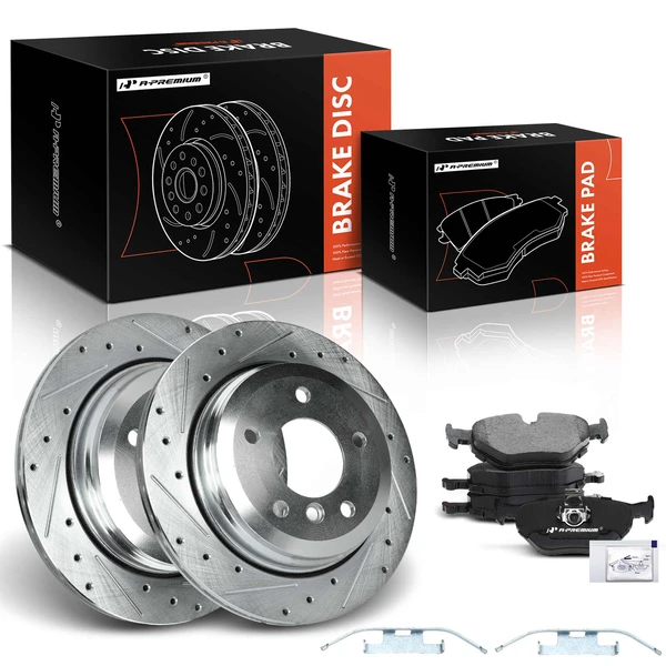 2001-2005 BMW 325xi Drilled & Slotted Disc Brake Rotors and Ceramic Pads Kit, 6 Pcs, Rear Driver & Passenger, A-Premium, APBRPS442