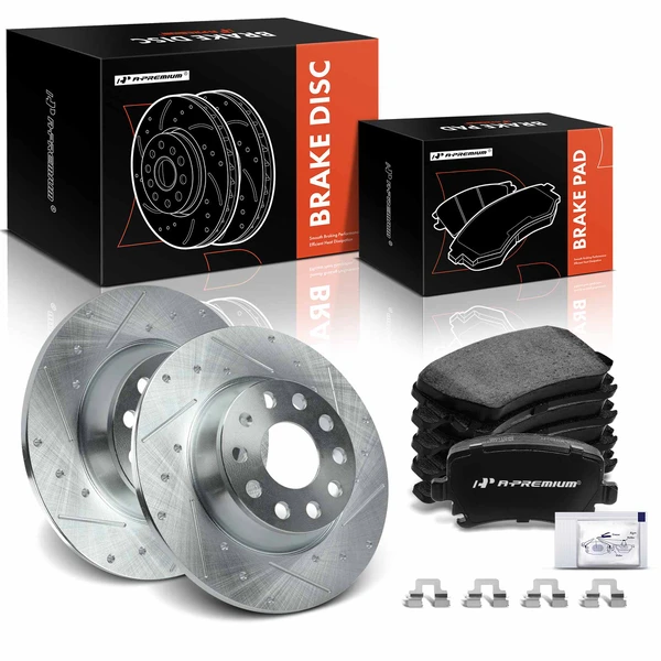 2006-2008 Volkswagen Passat Drilled & Slotted Disc Brake Rotors and Ceramic Pads Kit, 6 Pcs, Rear Driver & Passenger, A-Premium, APBRPS443