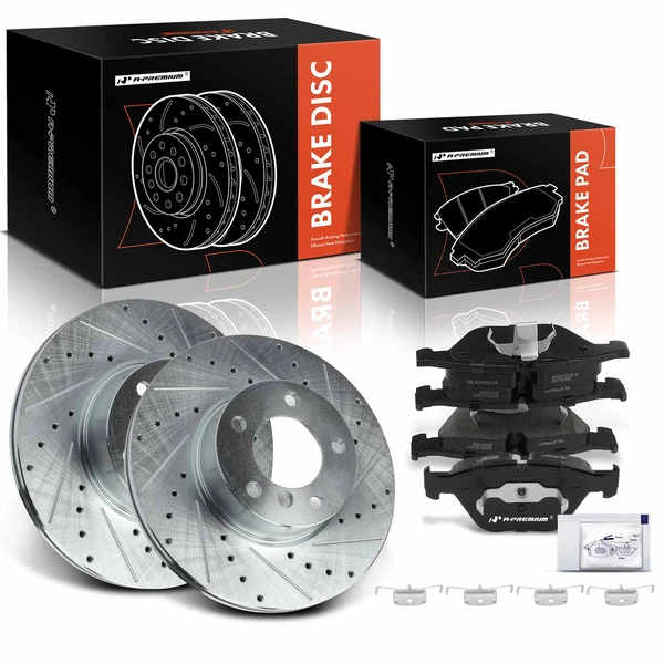 2013-2015 BMW X1 Drilled & Slotted Disc Brake Rotors and Ceramic Pads Kit, 6 Pcs, Front Driver & Passenger, A-Premium, APBRPS441