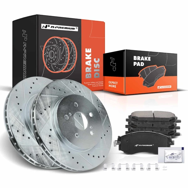 2006-2008 Lexus RX400h Drilled & Slotted Disc Brake Rotors and Ceramic Pads Kit, 6 Pcs, Front Driver & Passenger, A-Premium, APBRPS658