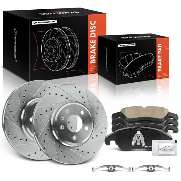 2008-2011 Audi A5 Quattro Drilled & Slotted Disc Brake Rotors and Ceramic Pads Kit, 6 Pcs, Front Driver & Passenger, A-Premium, APBRPS1393