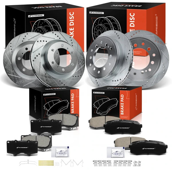 Drilled & Slotted Disc Brake Rotors and Ceramic Pads Kit, 12 Pcs, Front & Rear, A-Premium, APBRPS444