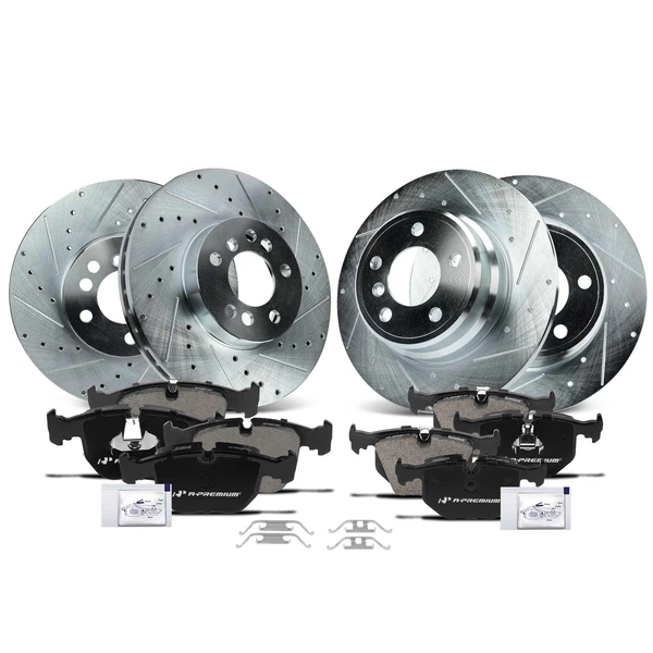 2000-2006 BMW X5 Drilled & Slotted Disc Brake Rotors and Ceramic Pads Kit, 12 Pcs, Front & Rear, A-Premium, APBRPS1043
