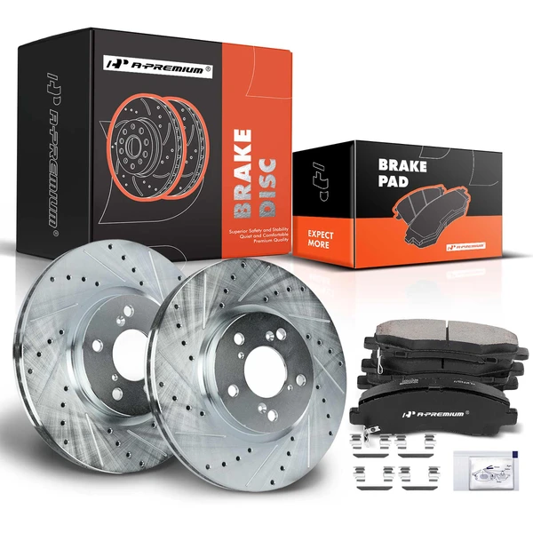 2006-2011 Honda Ridgeline Drilled & Slotted Disc Brake Rotors and Ceramic Pads Kit, 6 Pcs, Front Driver & Passenger, A-Premium, APBRPS664