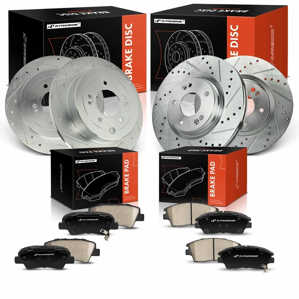 2016-2021 Hyundai Tucson Drilled & Slotted Disc Brake Rotors and Ceramic Pads Kit, 12 Pcs, Front & Rear, A-Premium, APBRPS1330