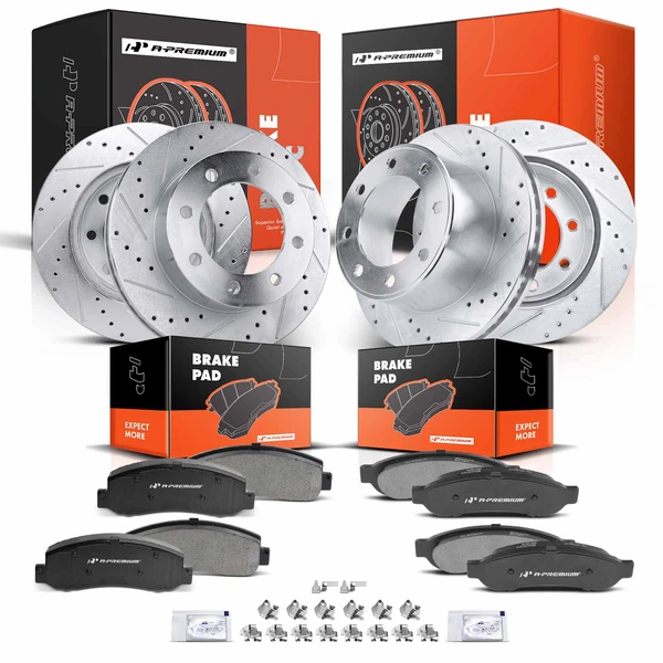 2008-2012 Ford F-250 Super Duty Drilled & Slotted Disc Brake Rotors and Ceramic Pads Kit, 12 Pcs, Front & Rear, A-Premium, APBRPS248
