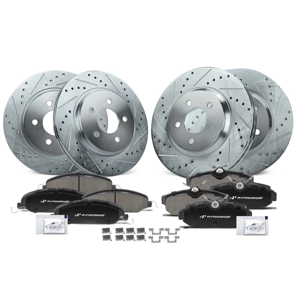 2005-2010 Ford Mustang Drilled & Slotted Disc Brake Rotors and Ceramic Pads Kit, 12 Pcs, Front & Rear, A-Premium, APBRPS1044