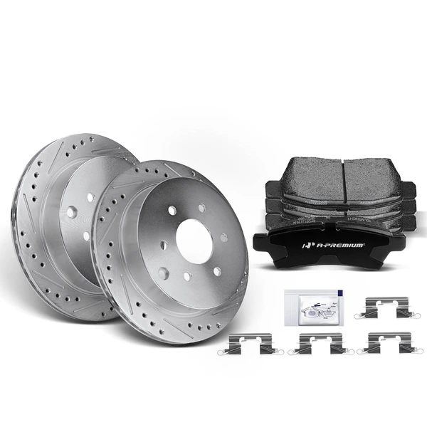 Drilled & Slotted Disc Brake Rotors and Ceramic Pads Kit, 6 Pcs, Rear Driver & Passenger, A-Premium, APBRPS056