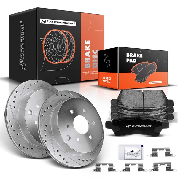 2005-2015 Nissan Xterra Drilled & Slotted Disc Brake Rotors and Ceramic Pads Kit, 6 Pcs, Rear Driver & Passenger, A-Premium, APBRPS056