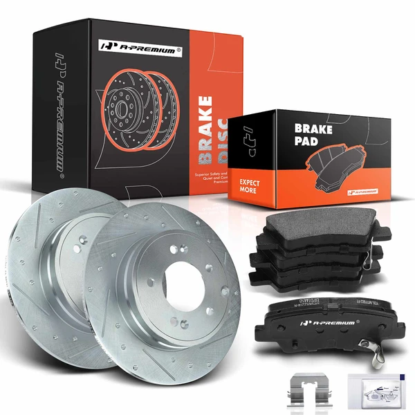 Drilled & Slotted Disc Brake Rotors and Ceramic Pads Kit, 6 Pcs, Rear Driver & Passenger, A-Premium, APBRPS312