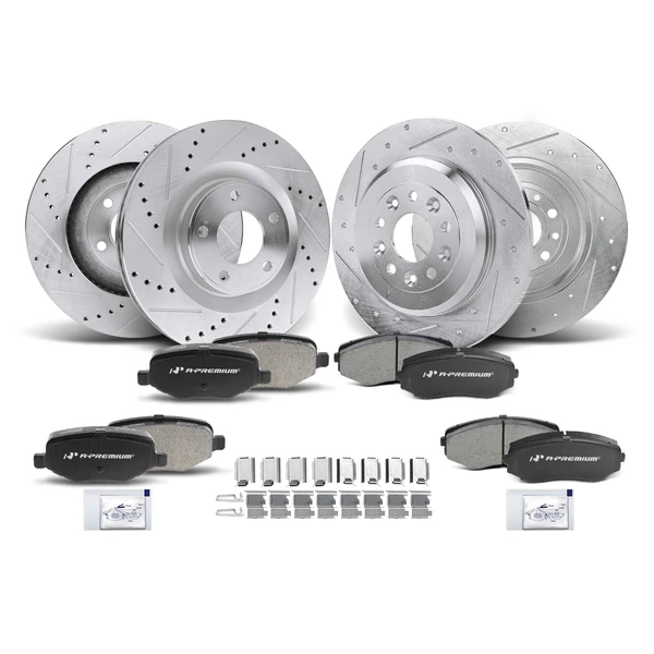 Drilled & Slotted Disc Brake Rotors and Ceramic Pads Kit, 12 Pcs, Front & Rear, A-Premium, APBRPS250