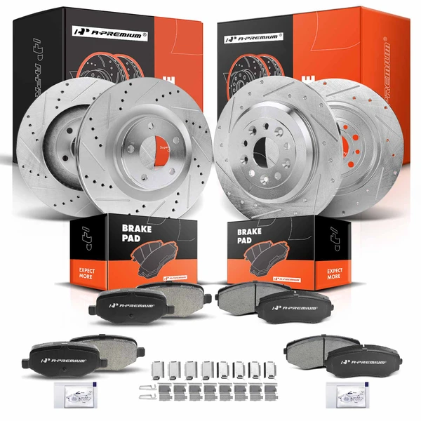 2011-2015 Lincoln MKX Drilled & Slotted Disc Brake Rotors and Ceramic Pads Kit, 12 Pcs, Front & Rear, A-Premium, APBRPS250