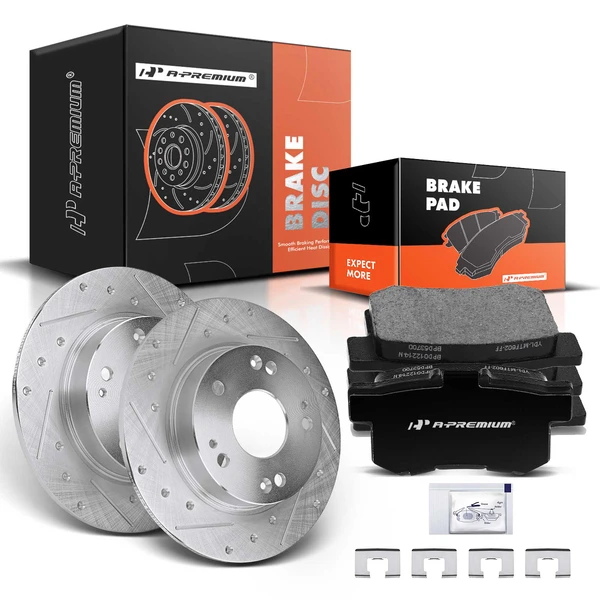 2013-2015 Acura ILX Drilled & Slotted Disc Brake Rotors and Ceramic Pads Kit, 6 Pcs, Rear Driver & Passenger, A-Premium, APBRPS058