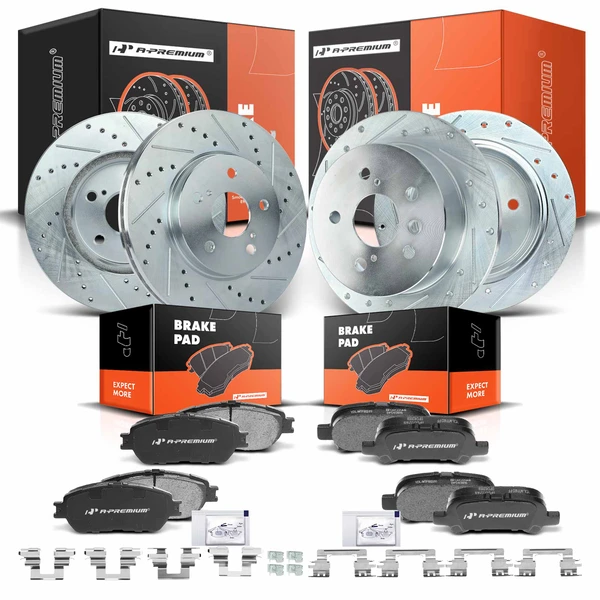 2005-2007 Toyota Avalon Drilled & Slotted Disc Brake Rotors and Ceramic Pads Kit, 12 Pcs, Front & Rear, A-Premium, APBRPS154