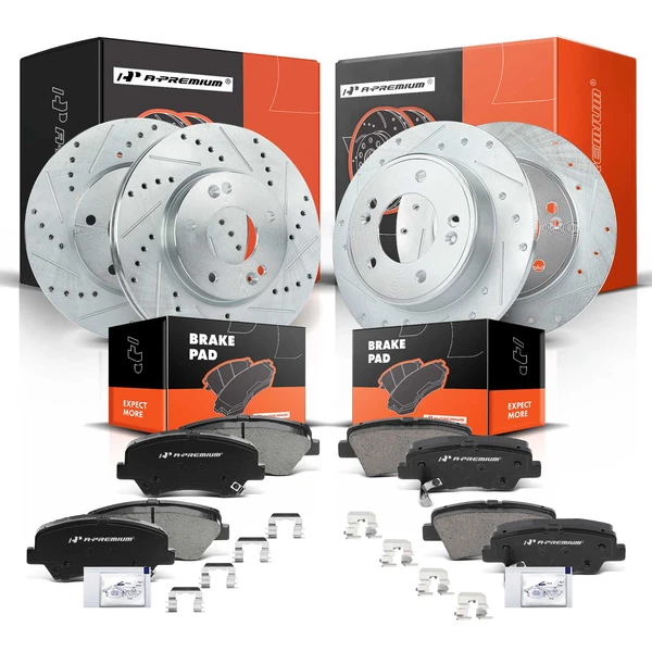 2011-2016 Hyundai Elantra Drilled & Slotted Disc Brake Rotors and Ceramic Pads Kit, 12 Pcs, Front & Rear, A-Premium, APBRPS251