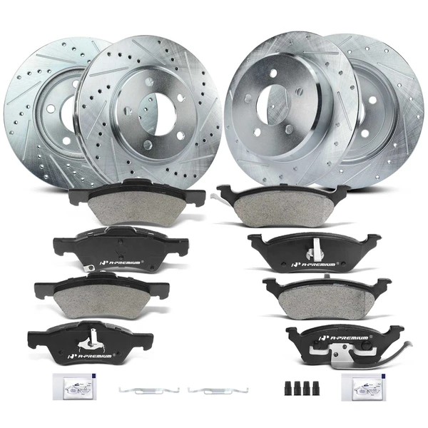 2001-2007 Dodge Caravan Drilled & Slotted Disc Brake Rotors and Ceramic Pads Kit, 12 Pcs, Front & Rear, A-Premium, APBRPS671