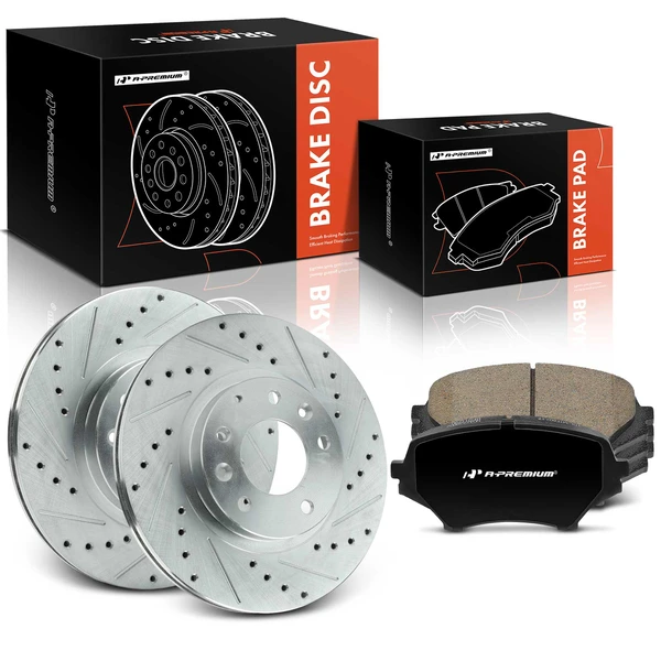 2006-2015 Mazda MX-5 Miata Drilled & Slotted Disc Brake Rotors and Ceramic Pads Kit, 6 Pcs, Front Driver & Passenger, A-Premium, APBRPS1394