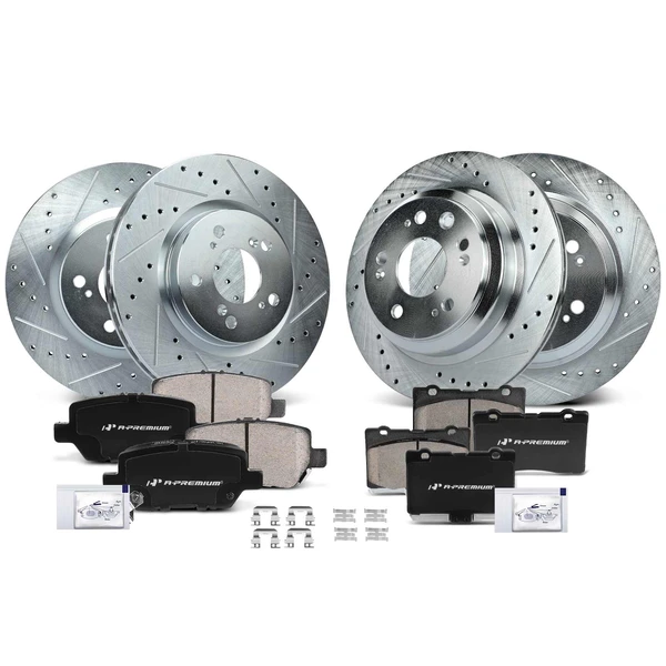 2005-2012 Acura RL Drilled & Slotted Disc Brake Rotors and Ceramic Pads Kit, 12 Pcs, Front & Rear, A-Premium, APBRPS672