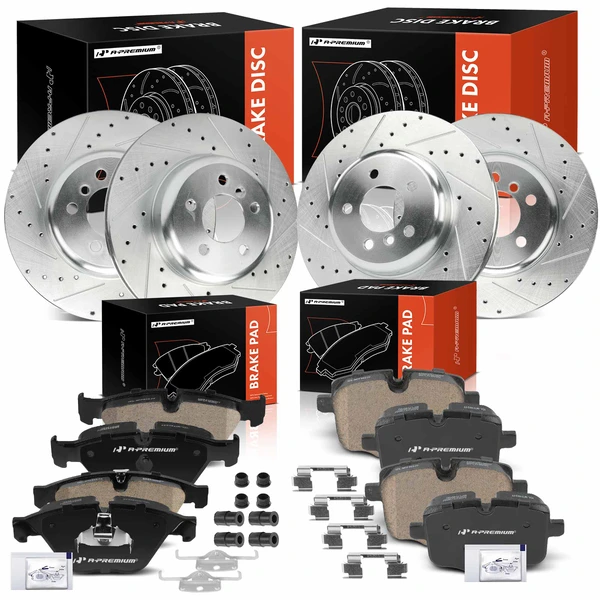2013-2017 BMW 640i Gran Coupe Drilled & Slotted Disc Brake Rotors and Ceramic Pads Kit, 12 Pcs, Front & Rear, A-Premium, APBRPS1333