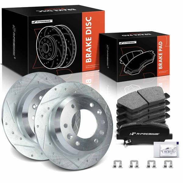 2007-2010 Hyundai Entourage Drilled & Slotted Disc Brake Rotors and Ceramic Pads Kit, 6 Pcs, Rear Driver & Passenger, A-Premium, APBRPS668
