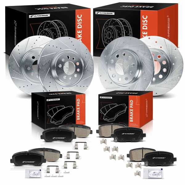 Drilled & Slotted Disc Brake Rotors and Ceramic Pads Kit, 12 Pcs, Front & Rear, A-Premium, APBRPS1334