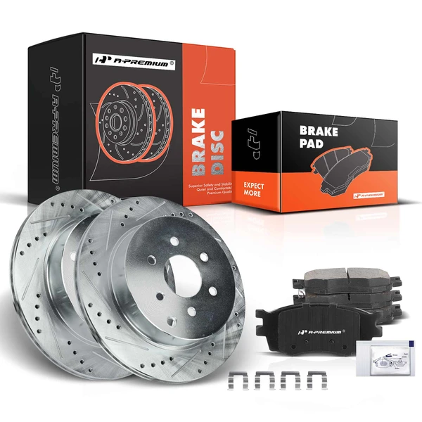 2006-2011 Kia Rio5 Drilled & Slotted Disc Brake Rotors and Ceramic Pads Kit, 6 Pcs, Front Driver & Passenger, A-Premium, APBRPS670