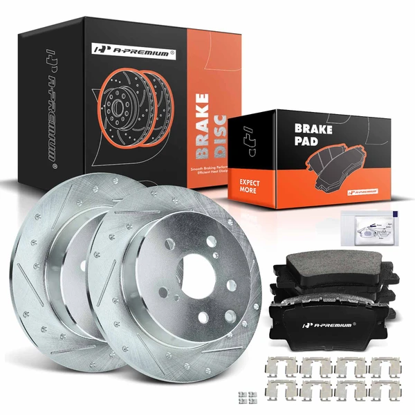 2010-2012 Lexus HS250h Drilled & Slotted Disc Brake Rotors and Ceramic Pads Kit, 6 Pcs, Rear Driver & Passenger, A-Premium, APBRPS319