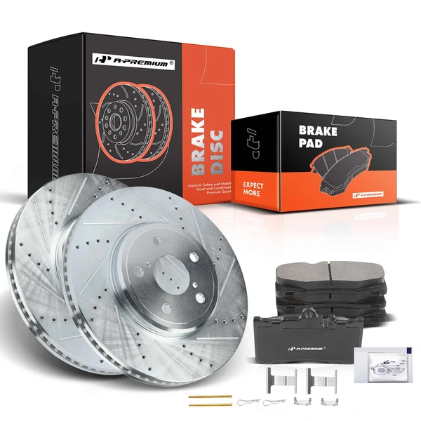 2001-2006 Lexus LS430 Drilled & Slotted Disc Brake Rotors and Ceramic Pads Kit, 6 Pcs, Front Driver & Passenger, A-Premium, APBRPS675