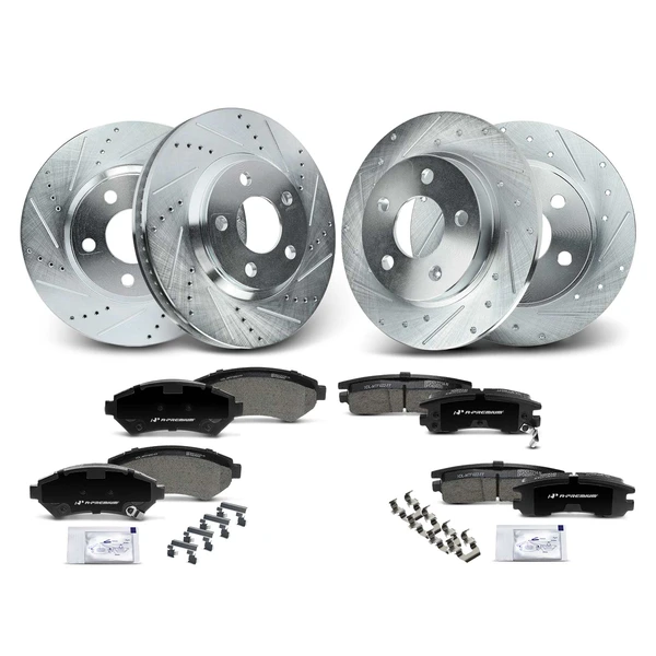 2001-2002 Cadillac Eldorado Drilled & Slotted Disc Brake Rotors and Ceramic Pads Kit, 12 Pcs, Front & Rear, A-Premium, APBRPS1058