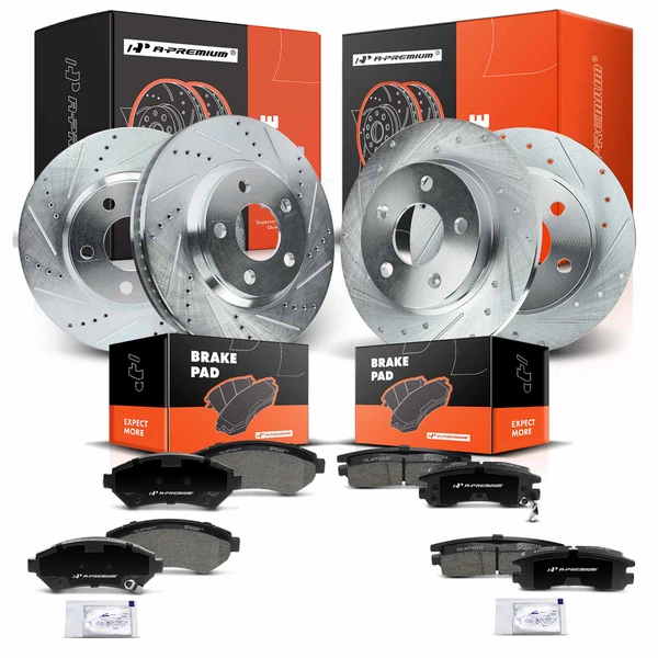 Drilled & Slotted Disc Brake Rotors and Ceramic Pads Kit, 12 Pcs, Front & Rear, A-Premium, APBRPS1058