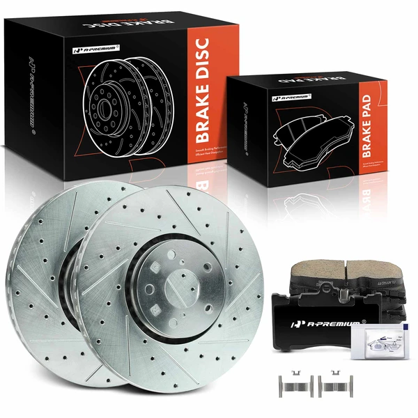 2016-2020 Lexus IS300 Drilled & Slotted Disc Brake Rotors and Ceramic Pads Kit, 6 Pcs, Front Driver & Passenger, A-Premium, APBRPS1395