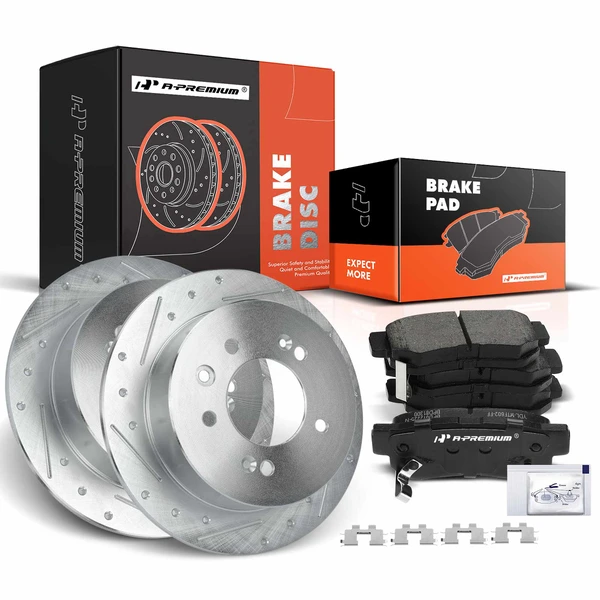 2007-2010 Hyundai Elantra Drilled & Slotted Disc Brake Rotors and Ceramic Pads Kit, 6 Pcs, Rear Driver & Passenger, A-Premium, APBRPS673